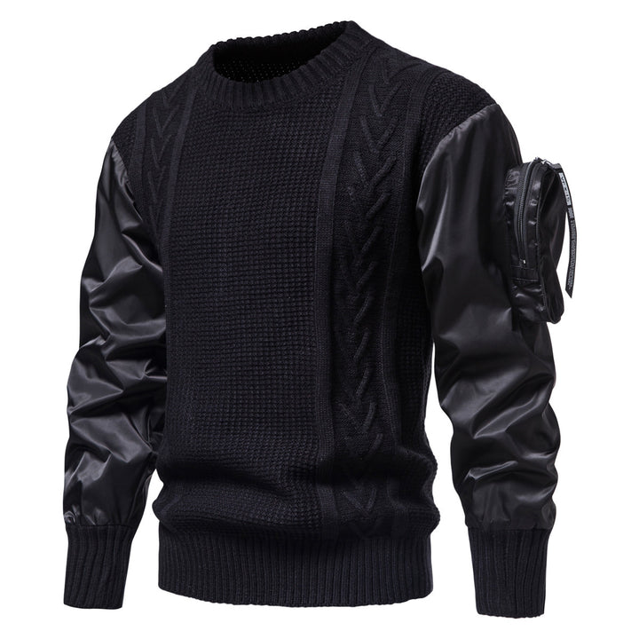 Herren Grobstrickpullover mit modernen Kunstlederärmeln Echoarchiv