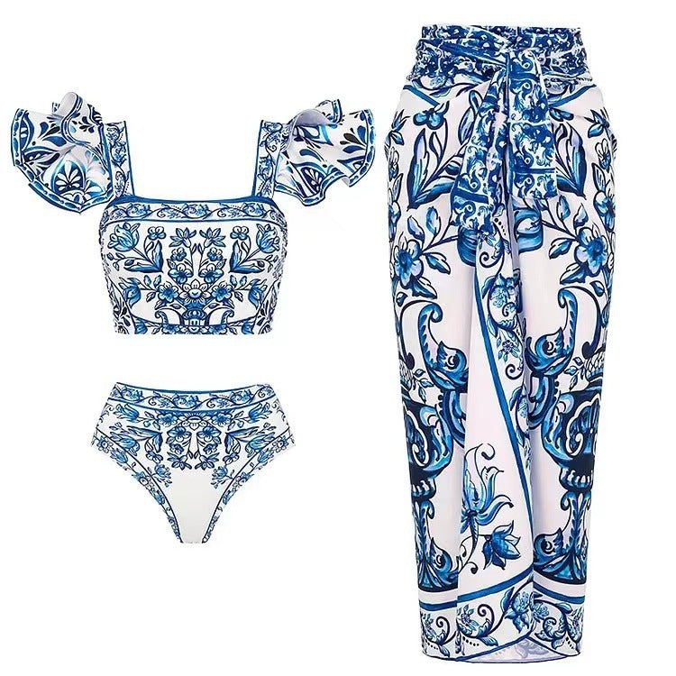 Damen Bikini-Set mit verspieltem Puffärmel und elegantem Wickelrock Echo Archiv