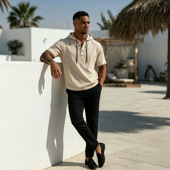Herren Kurzarm-Hoodie-Henley aus Leinenoptik mit Knopfleiste – Cavarno