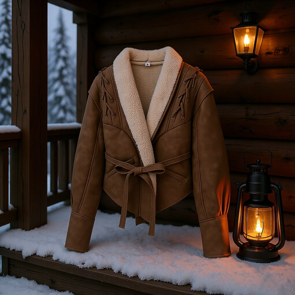 Damen Kurzjacke im Aviator‑Look mit Sherpa‑Futter, Bindegürtel und Schulter‑Schnürung Echo Archiv