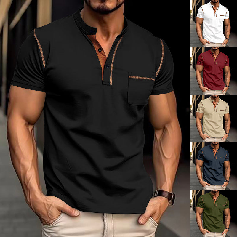 Herren Kurzarm-Henley-Shirt mit kontrastierender Knopfleiste und Brusttasche Echoarchiv