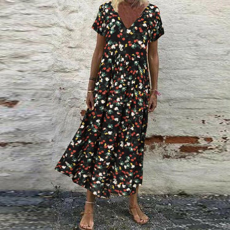 Damen nan V-Ausschnitt-Maxikleid mit feinem Faltenrock, Empire-Passe und Kurzarm Echo Archiv