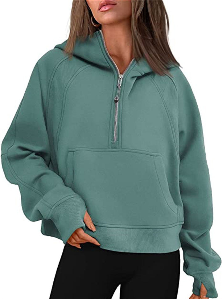 Damen Oversize-Hoodie mit halbem Reißverschluss, Kängurutasche und Daumenlöchern – Auréline