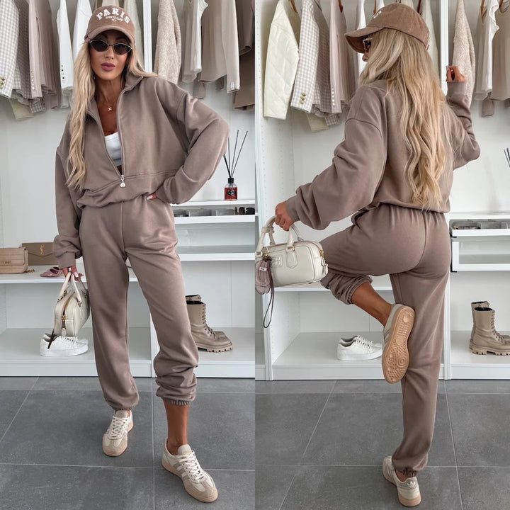 Damen kuscheliger Freizeit-Jogginganzug mit halbem Reißverschluss, Kängurutasche und elastischen Bündchen – Avérine