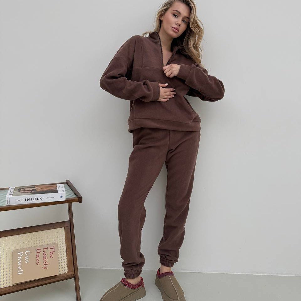 Damen Kuscheliges Fleece-Loungewear-Set mit halbem Reißverschluss und elastischer Jogginghose – Avérine