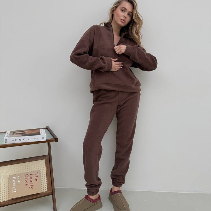Damen Kuscheliges Fleece-Loungewear-Set mit halbem Reißverschluss und elastischer Jogginghose – Avérine
