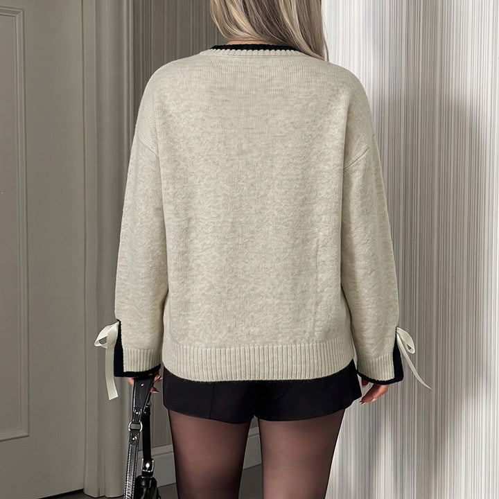 Damen Oversize-Feinstrickpullover mit kontrastgerippter Passe und Schleifen-Details Echoarchiv