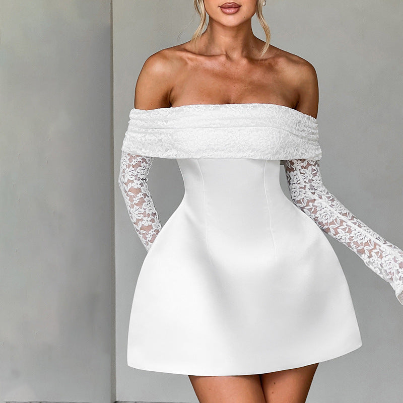 Damen Offshoulder Minikleid mit Spitzenärmeln und taillierter Silhouette Echo Archiv
