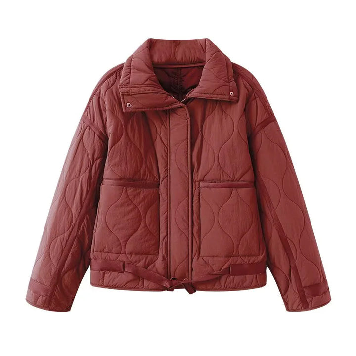 Damen gesteppte Boxy-Übergangsjacke mit Tunnelzugsaum, Stehkragen und aufgesetzten Taschen – Célinea