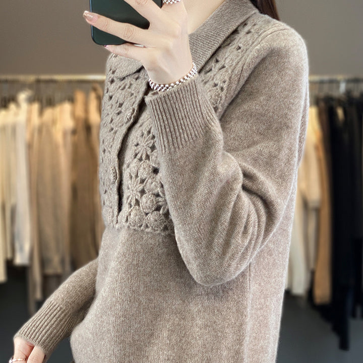 Damen Strickpullover mit gehäkelter Ajour‑Blende und Polokragen Echoarchiv