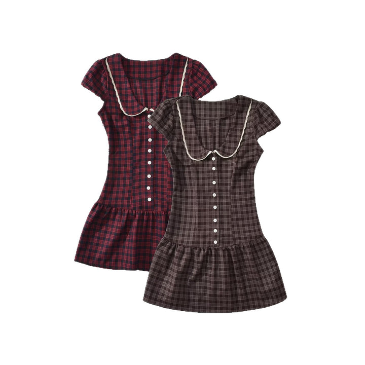 Damen Kariertes A-Linien-Minikleid mit kontrastierendem Bubikragen und Knopfleiste Echoarchiv
