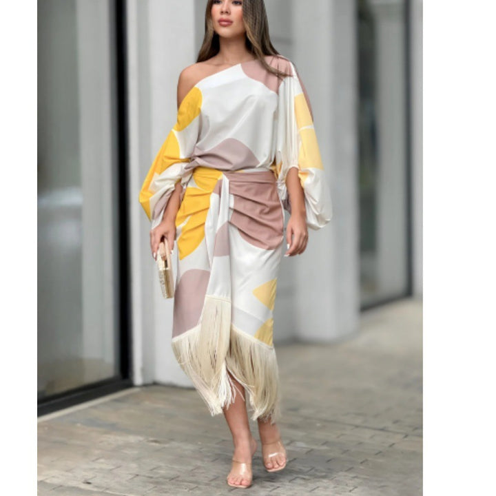Damen nan asymmetrisches drapiertes Midikleid mit einseitiger Schulterpartie, voluminösem Ärmelschnitt und Fransen-Saum Echo Archiv