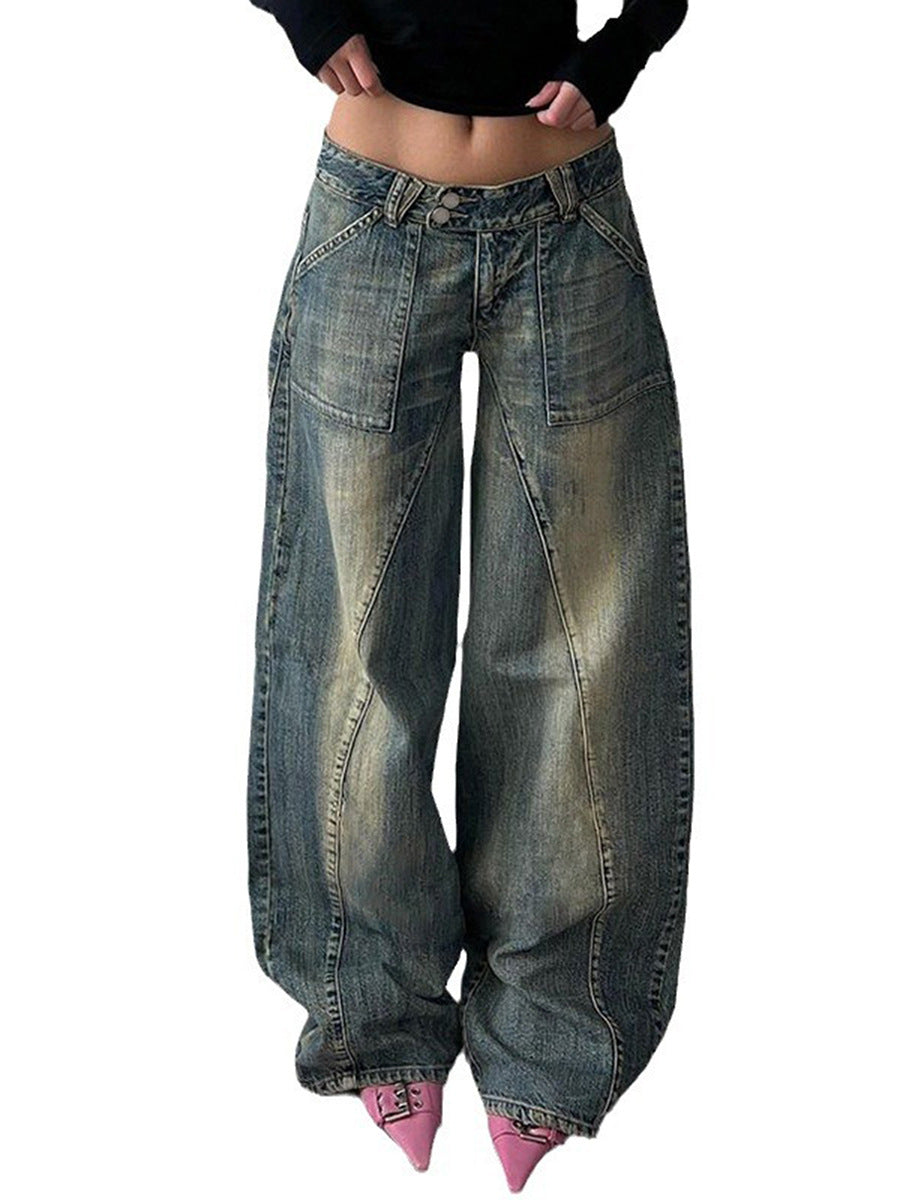 Damen nan weite Low-Rise Baggy-Jeans mit markanten V‑Nahtpaneelen und aufgesetzten Fronttaschen Echo Archiv
