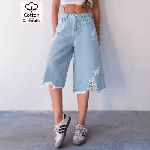 Damen Weite Denim-Culotte mit hohem Bund, Distressed-Details und rohem Saum Echo Archiv