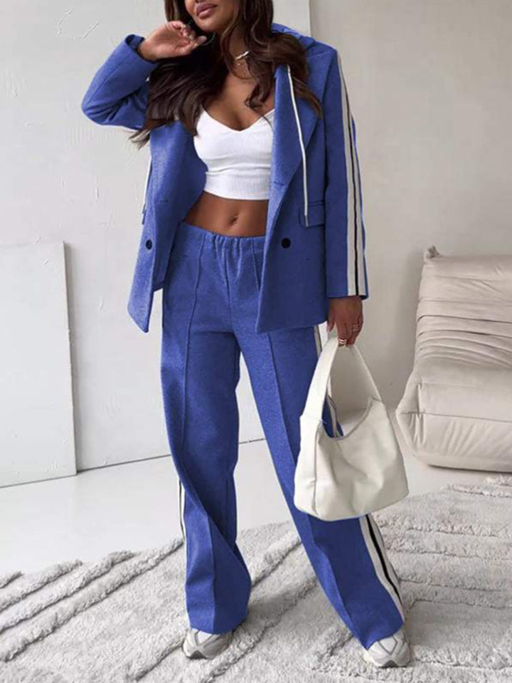 Damen nan sportlich-elegantes Blazer-Zweiteiler mit Kapuzenblazer und weiter Trainingshose mit seitlichem Streifen Echo Archiv