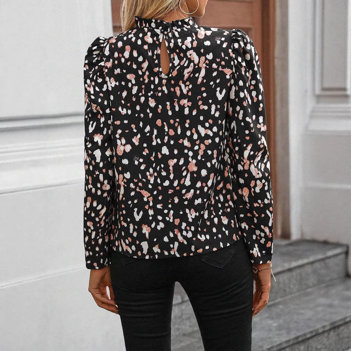 Damen Bluse mit Rüschenkragen, Puffärmeln und Animal‑Print – Élovi