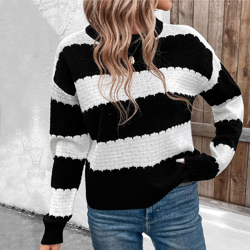 Damen Oversize-Fisherman-Strickpullover mit Blockstreifen, Ajourstruktur und gerippten Bündchen Echoarchiv