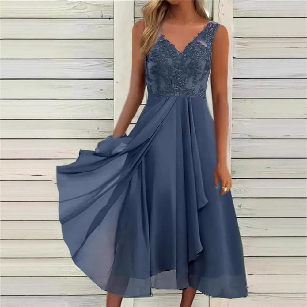 Damen nan elegantes Abend-Midikleid mit bestickter Spitzen-Büste, taillierter Drapierung und fließendem Lagenrock Echoarchiv