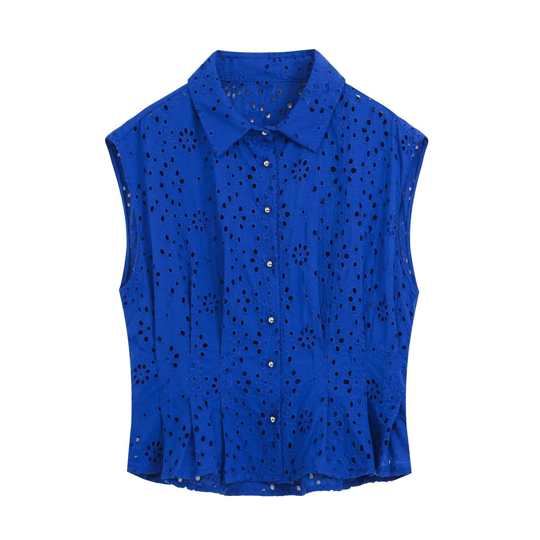 Damen Ärmellose Lochstickerei-Bluse mit Hemdkragen und Perlmuttknopfleiste Echoarchiv