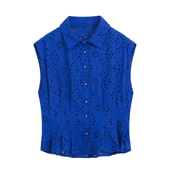 Damen Ärmellose Lochstickerei-Bluse mit Hemdkragen und Perlmuttknopfleiste Echoarchiv