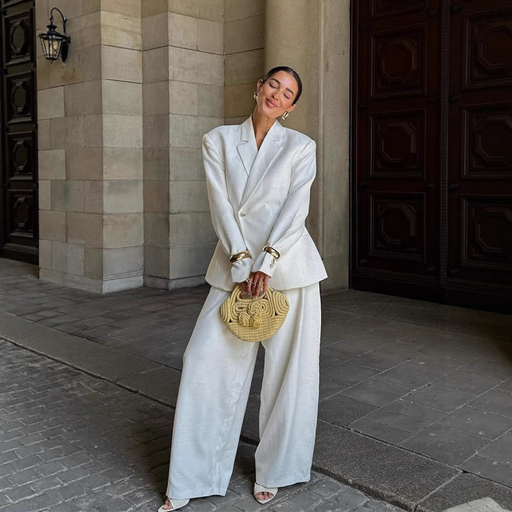 Damen Oversize-Leinenblazer mit strukturierter Schulter und tailliertem Saum Echoarchiv