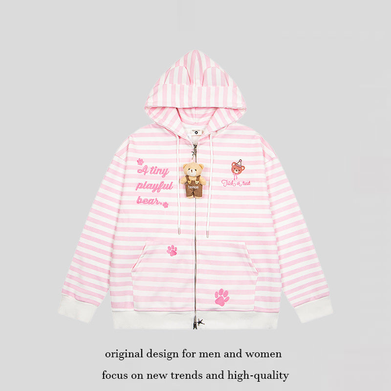 Damen Gestreifte Kapuzen-Sweatjacke mit Teddy-Anhänger, Ohren-Kapuze und Stickdetail Echoarchiv