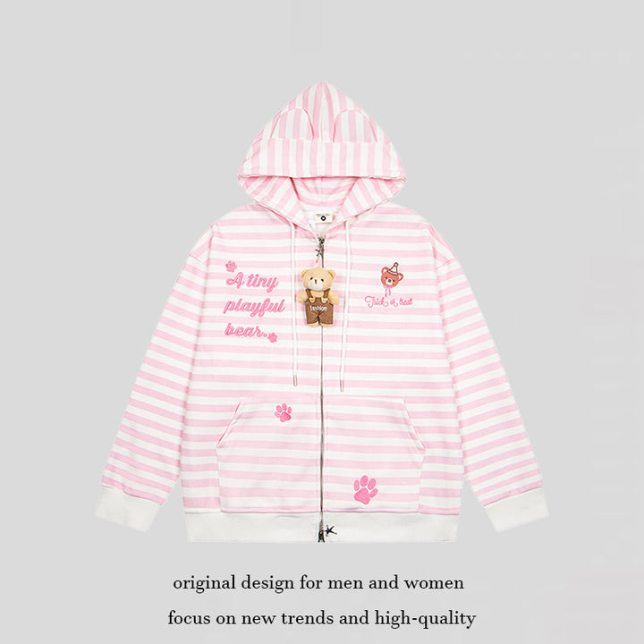 Damen Gestreifte Kapuzen-Sweatjacke mit Teddy-Anhänger, Ohren-Kapuze und Stickdetail Echoarchiv