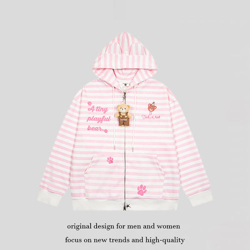 Damen Gestreifte Kapuzen-Sweatjacke mit Teddy-Anhänger, Ohren-Kapuze und Stickdetail Echoarchiv