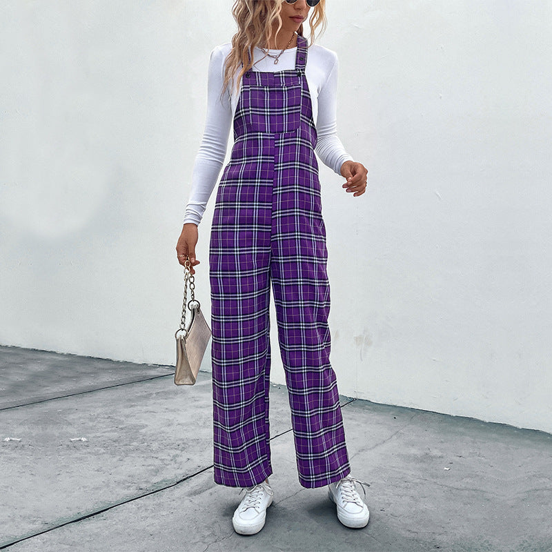 Damen Lässiger Karierter Jumpsuit mit breitem Bein und verstellbaren Trägern Echo Archiv