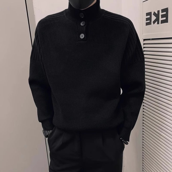 Herren Relaxed Rippstrick‑Pullover mit Halbknopf‑Stehkragen Echoarchiv