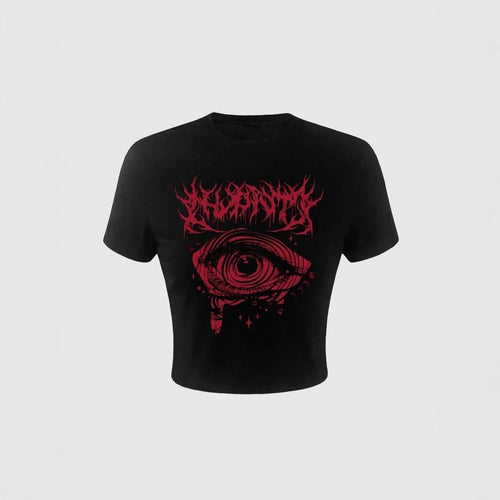 Damen Crop-T-Shirt mit künstlerischem Grafikdesign und auffälligem Statementdruck Echo Archiv