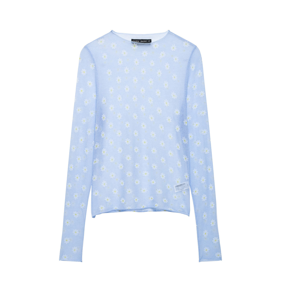Damen Feines transparentes Mesh-Longsleeve mit Allover-Gänseblümchenprint und Rundhalsausschnitt Echoarchiv