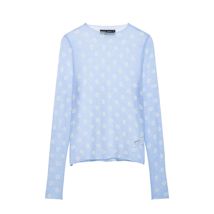 Damen Feines transparentes Mesh-Longsleeve mit Allover-Gänseblümchenprint und Rundhalsausschnitt Echoarchiv