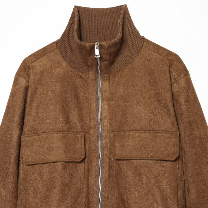 Damen Wildlederoptik-Bomberjacke mit Rippenkragen und aufgesetzten Taschen Echoarchiv
