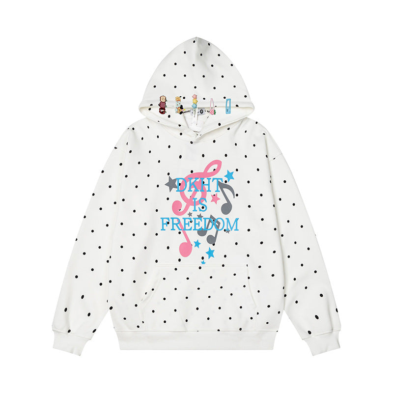Damen Kapuzenpullover mit Polka-Dot, musikalischem Notenprint und Kängurutasche Echoarchiv