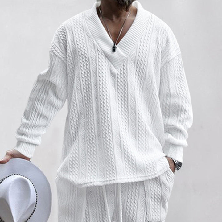 Herren Oversize-Zopfmuster-Pullover mit tiefem V-Ausschnitt Echoarchiv
