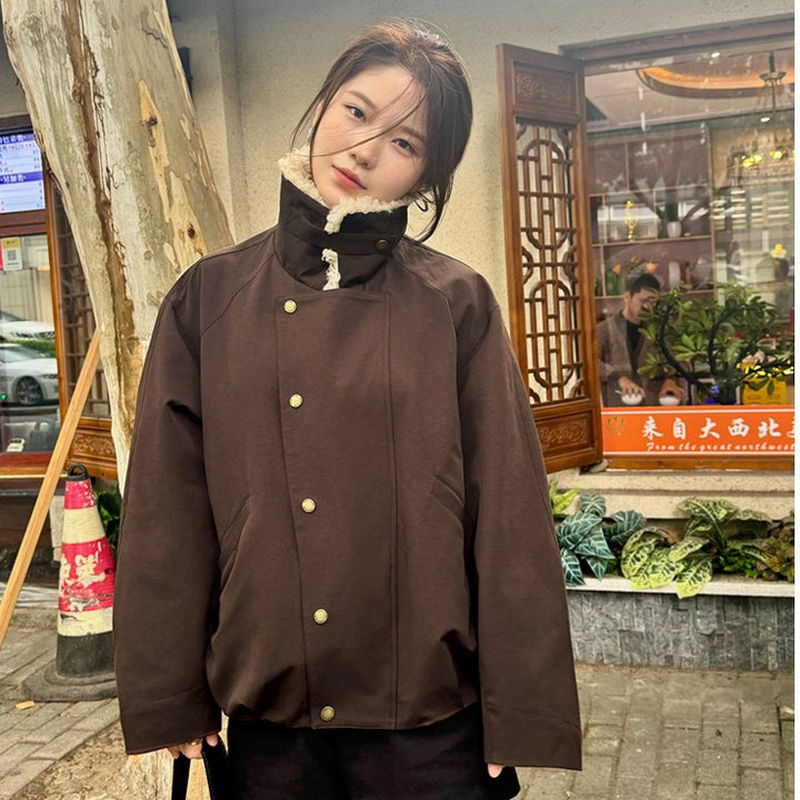 Damen Kurze Oversize-Boxy-Jacke mit Teddykragen und Druckknopfverschluss Echoarchiv