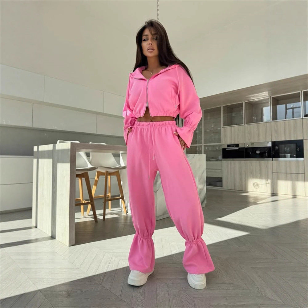 Damen Cropped-Kapuzenjacke mit Reißverschluss und taillierter Tunnelzug-Jogginghose – Auréline