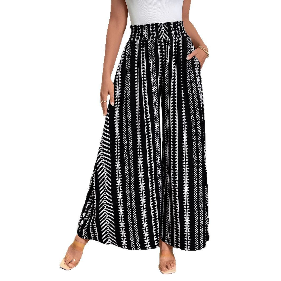 Damen Weite Palazzo-Hose mit hohem Smockbund, Seitentaschen & grafischem Streifenmuster – Avérine