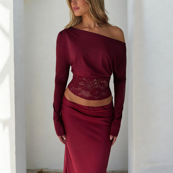 Damen Cropped-Top mit Fledermausärmeln und Spitzen-Taillenband – Avérine
