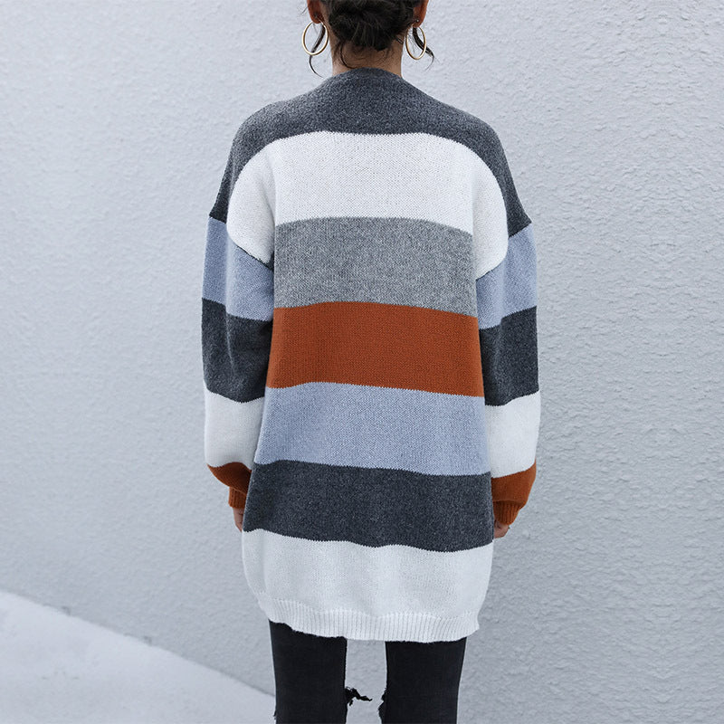 Damen Oversize Strickcardigan mit Blockstreifen und offener Front Echoarchiv