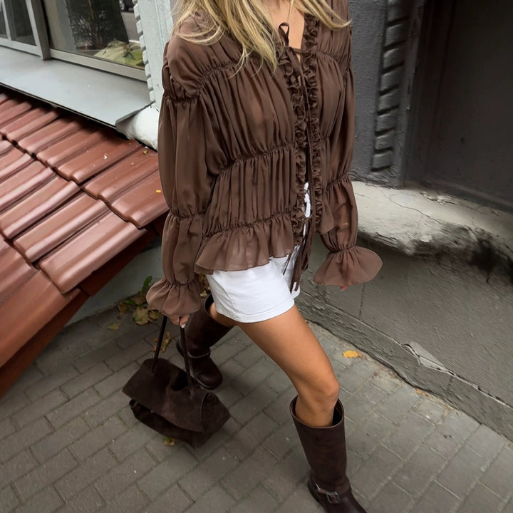 Damen Chiffon-Bluse mit Rüschen, Kordelzug und geraffter Taillenoptik Echoarchiv