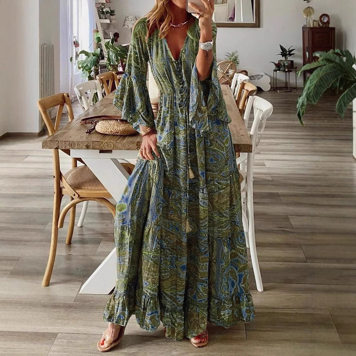 Damen Boho Maxikleid mit Paisley-Print, V-Ausschnitt, Stufenrock und Bindegürtel Echoarchiv