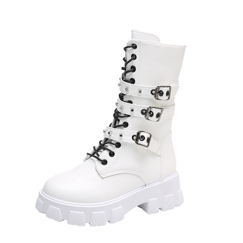 Damen Plateau-Bikerstiefel mit dreifacher Zierschnalle und massiver Profilsohle Echo Archiv