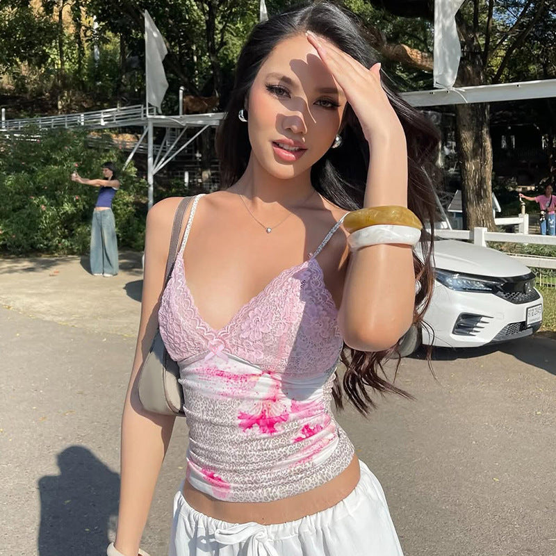 Damen Spaghettiträger Top mit Blumenmuster und Spitze Echo Archiv