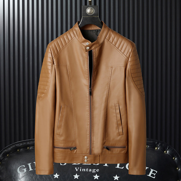 Herren Lederimitat-Bikerjacke mit Stehkragen und gesteppten Schulterpaneelen – Valtoré
