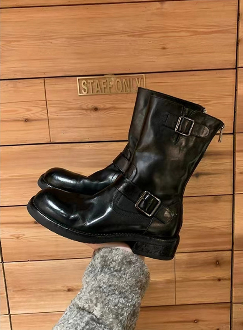 Damen Wadenhohe Biker‑Stiefel aus Glattleder mit Doppelgurt und Rückreißverschluss Echo Archiv