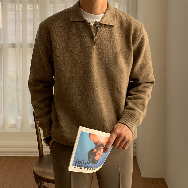 Herren Eleganter Strickpullover mit Stehkragen und Knopfleiste Echoarchiv