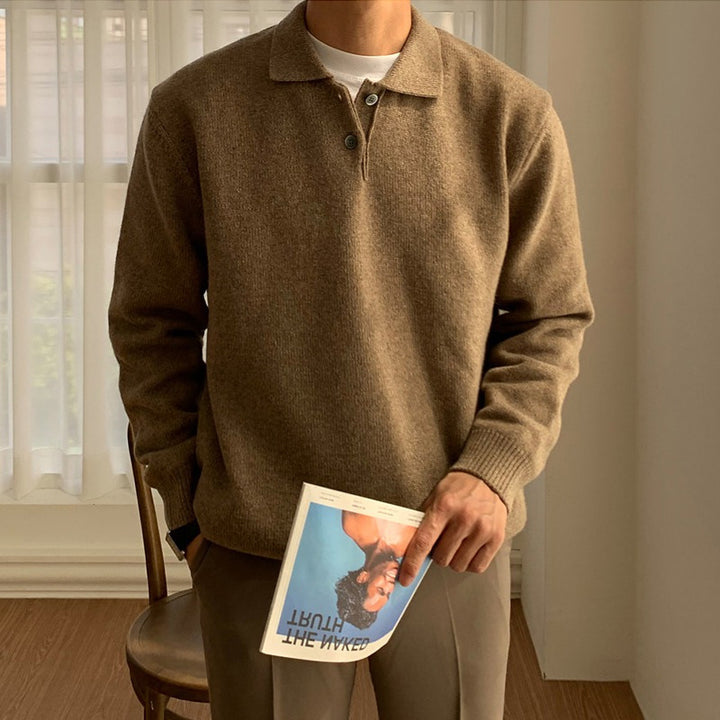 Herren Eleganter Strickpullover mit Stehkragen und Knopfleiste Echoarchiv