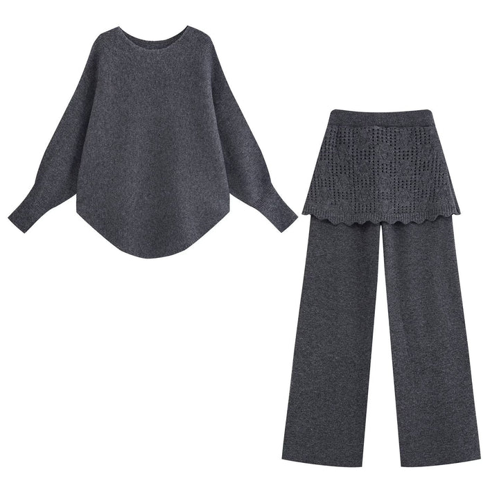 Damen Zweiteiliges Strick-Set mit Oversize-Pullover, Lochmuster-Miniüberrock und weiter Palazzohose Echoarchiv